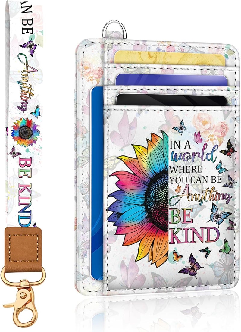 Yonlevres Be Kind Credit Card Holder Slim Wallet, RFID Wallet Women Front Pocket Wristlet Lanyard, Small Card Holder Travel Funny Cute Thin Card Case ID Window PU Leather Card Organizer Gifts Girls - Image 1